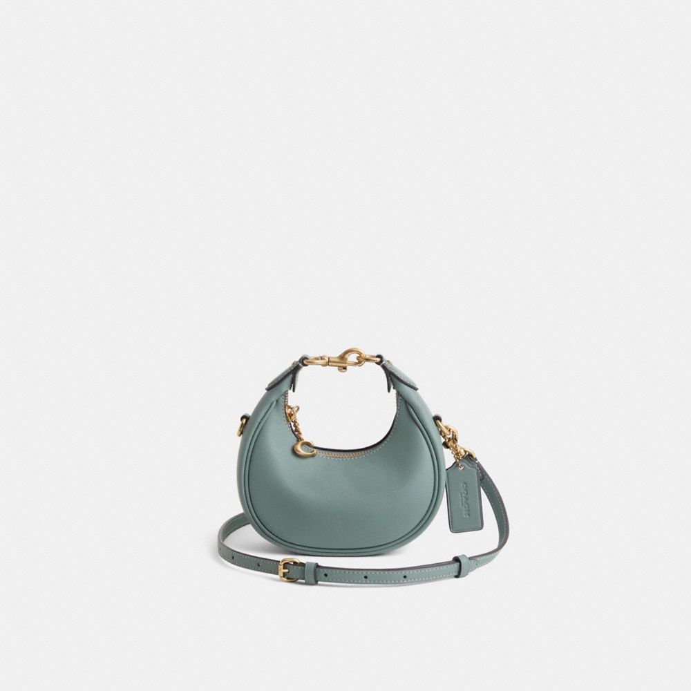 COACH®,Restored Jonie Bag,Leather,Crossbody,Metal,Logo,Compact,Sustainable,Adjustable,Brass,Day Party,Gray,Front View