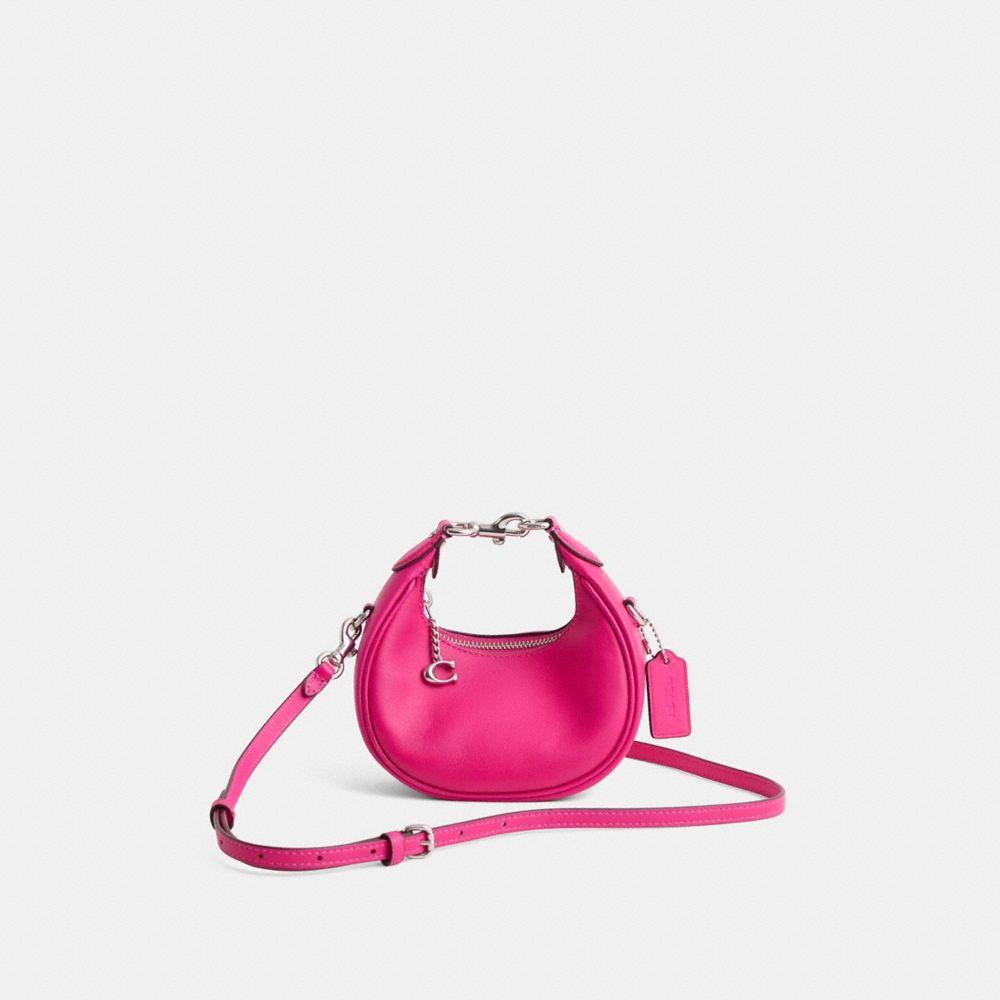 COACH®,Restored Jonie Bag,Leather,Crossbody,Metal,Logo,Compact,Sustainable,Adjustable,Brass,Day Party,Pink,Front View