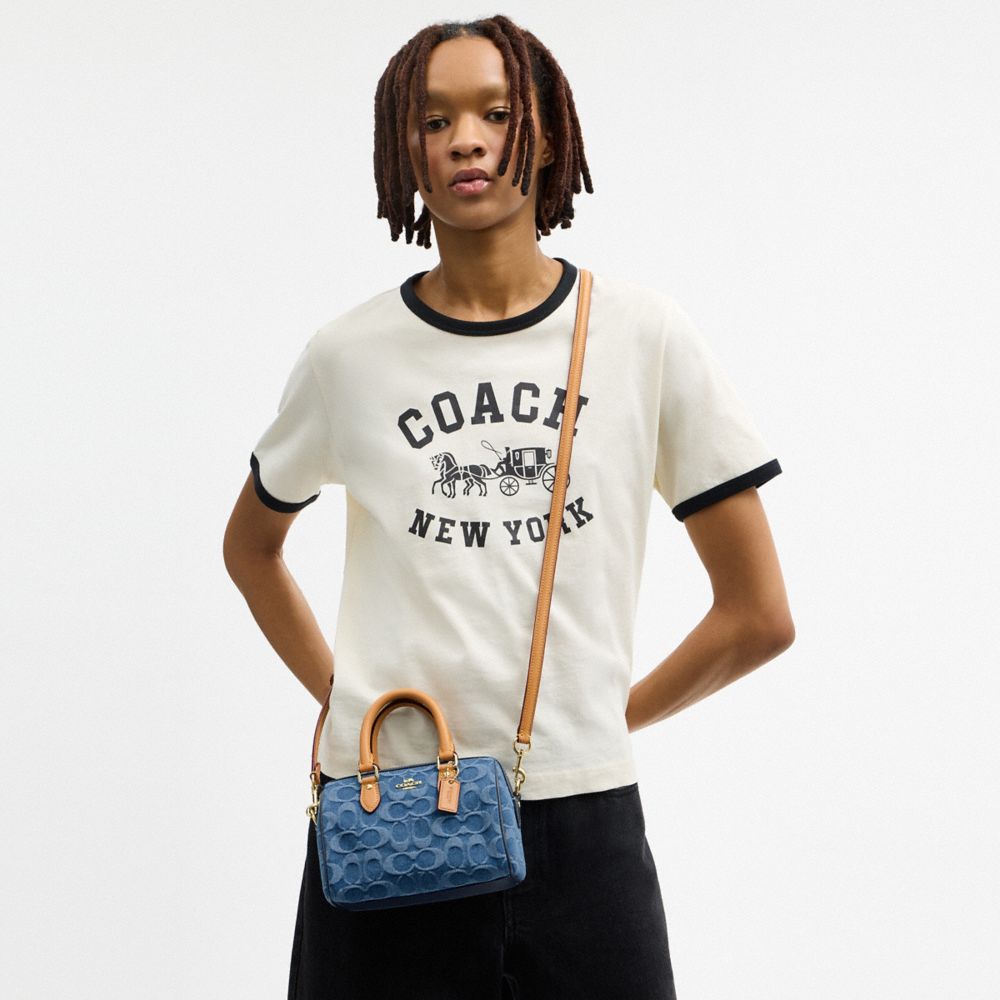 COACH®,Mini Rowan Crossbody Bag In Signature Denim,Cotton,Denim,Leather,Barrel Bag,Metal,Logo,Sustainable,Lined,Compact,Go...,Navy