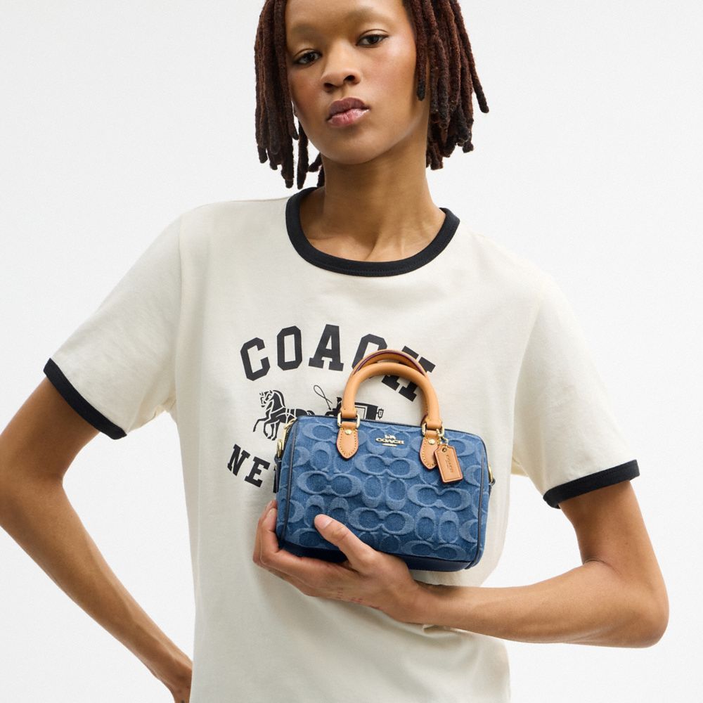 COACH®,Mini Rowan Crossbody Bag In Signature Denim,Cotton,Denim,Leather,Barrel Bag,Metal,Logo,Sustainable,Lined,Compact,Go...,Navy,Detail View