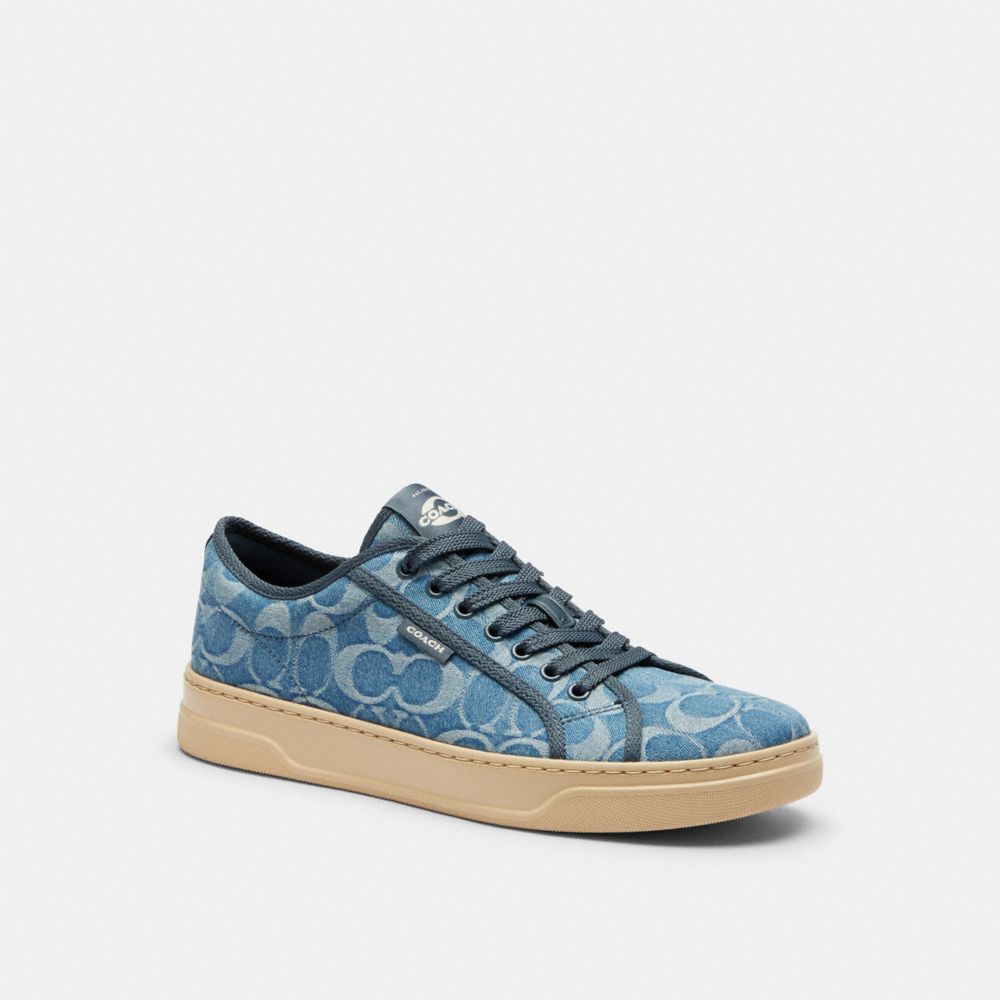 COACH®,Canvas Sneaker In Signature Denim,Denim,EVA,Canvas,Casual,Low Top,Fabric,Plastic,Logo,Pull Tab,Cushioned,Casual,Blue,Front View