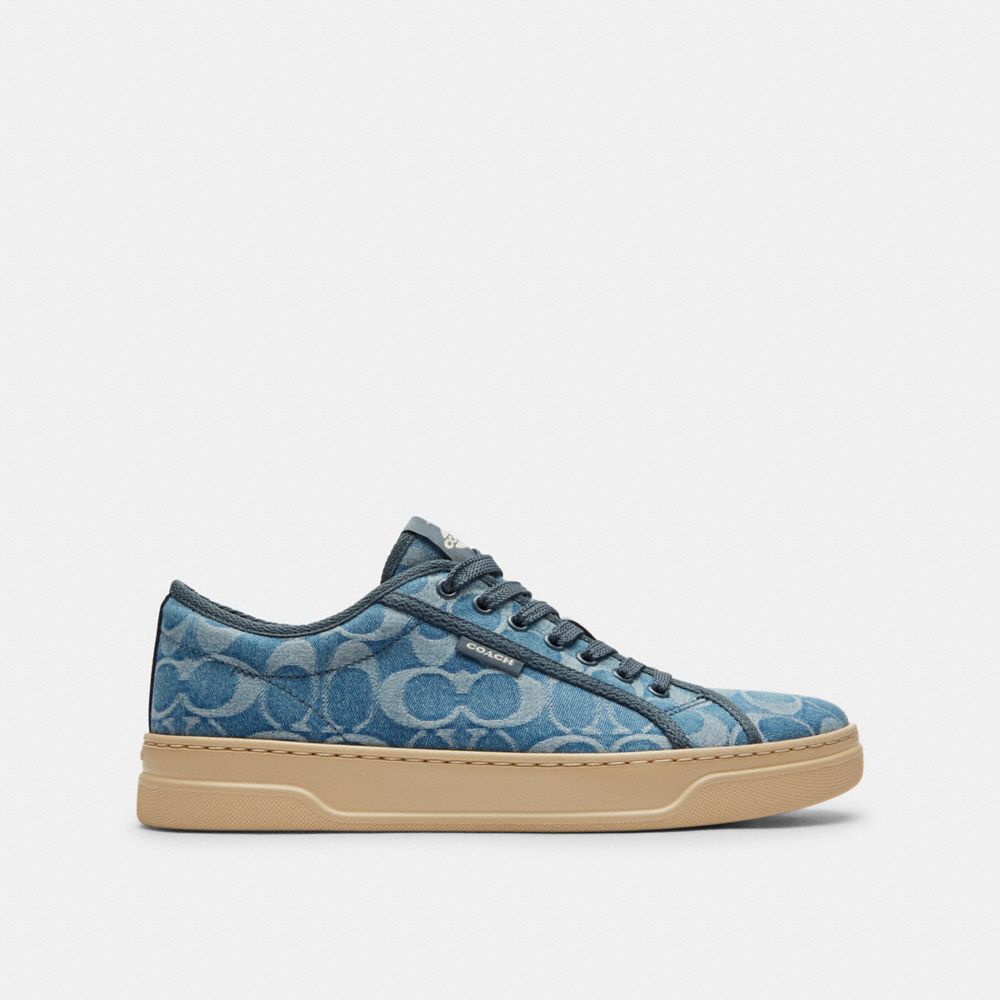 COACH®,Canvas Sneaker In Signature Denim,Denim,EVA,Canvas,Casual,Low Top,Fabric,Plastic,Logo,Pull Tab,Cushioned,Casual,Blue,Angle View