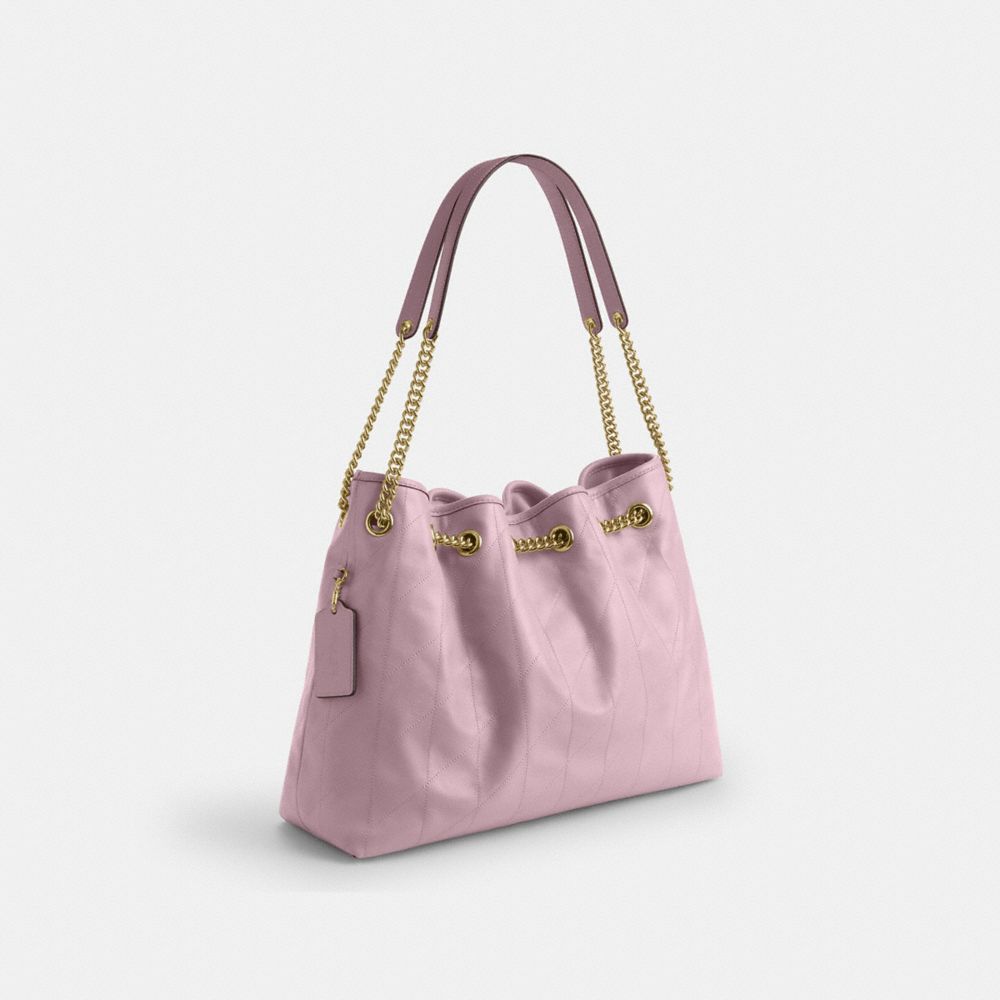 COACH®,Evelyn Shoulder Bag With Quilting,Leather,Bucket,Logo,Metal,Gold Metal,Day Party,,Angle View