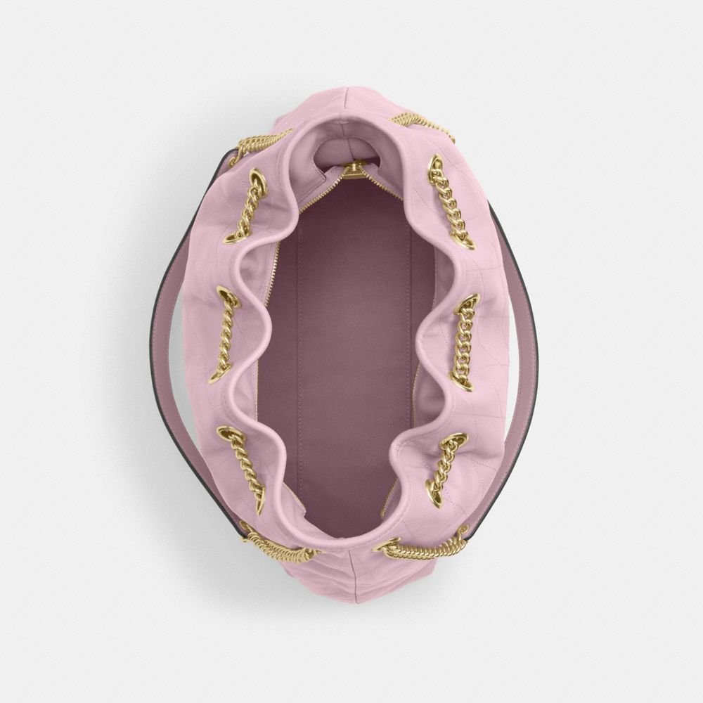 COACH®,Evelyn Shoulder Bag With Quilting,Leather,Bucket,Metal,Logo,Gold Metal,Day Party,Lavender,Inside View,Top View