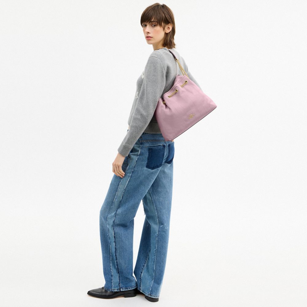 COACH®,Evelyn Shoulder Bag With Quilting,Leather,Bucket,Metal,Logo,Gold Metal,Day Party,Lavender,Detail View