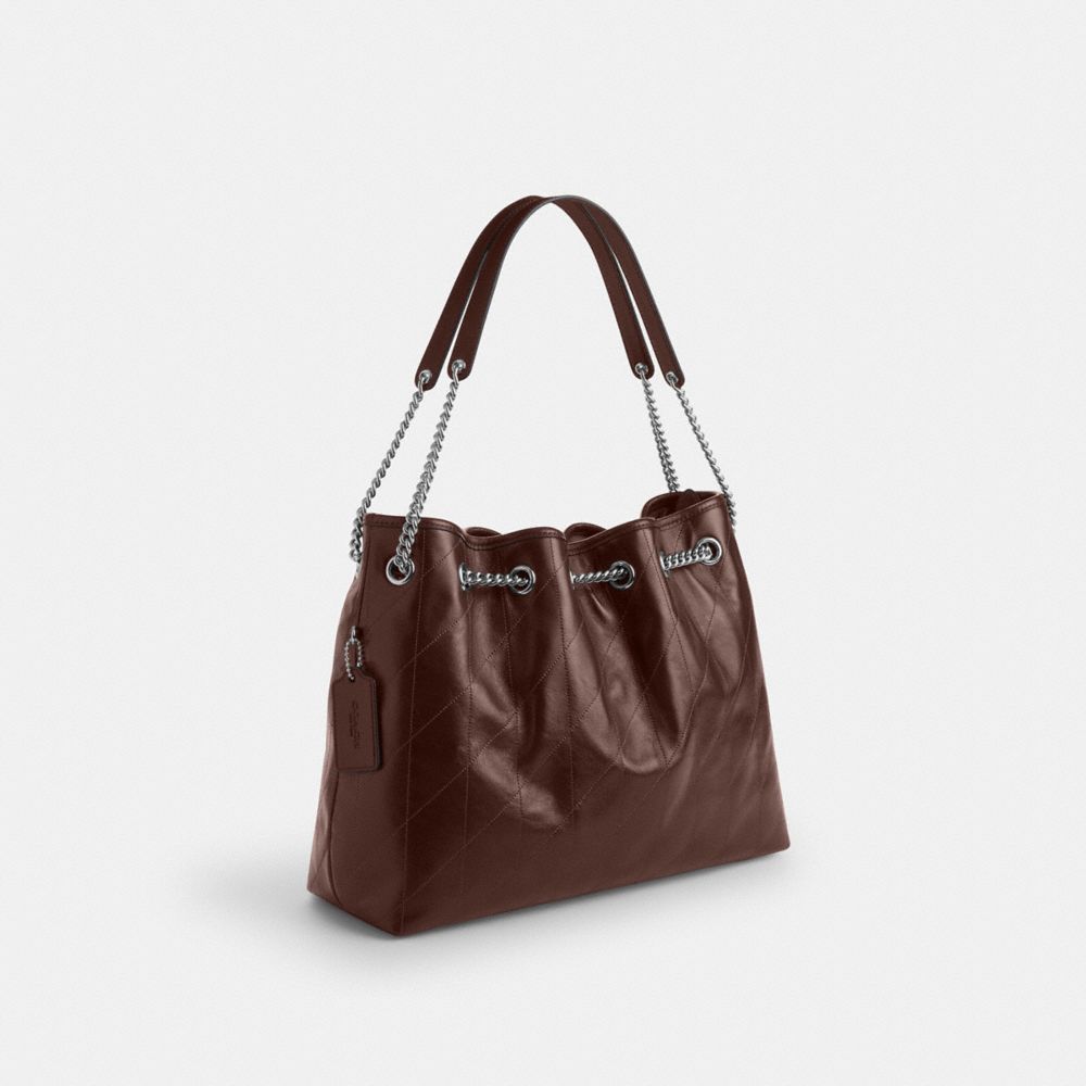 COACH®,Evelyn Shoulder Bag With Quilting,Leather,Bucket,Logo,Metal,Gold Metal,Day Party,Brown,Angle View