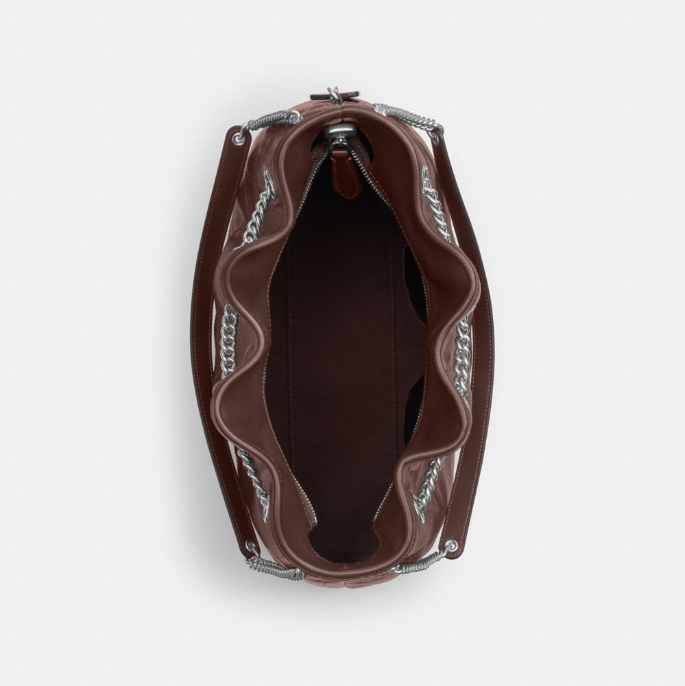 COACH®,Evelyn Shoulder Bag With Quilting,Leather,Bucket,Logo,Metal,Gold Metal,Day Party,Brown,Inside View,Top View