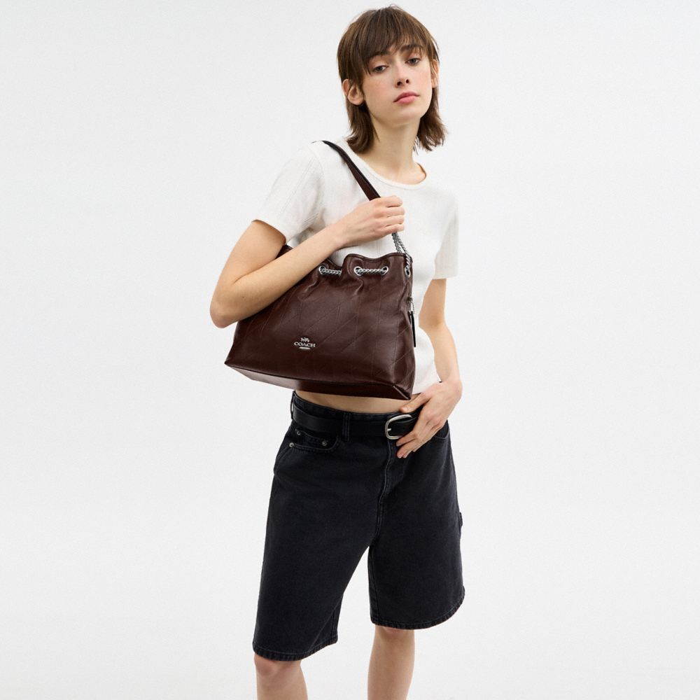 COACH®,Evelyn Shoulder Bag With Quilting,Leather,Bucket,Logo,Metal,Gold Metal,Day Party,Brown,Detail View