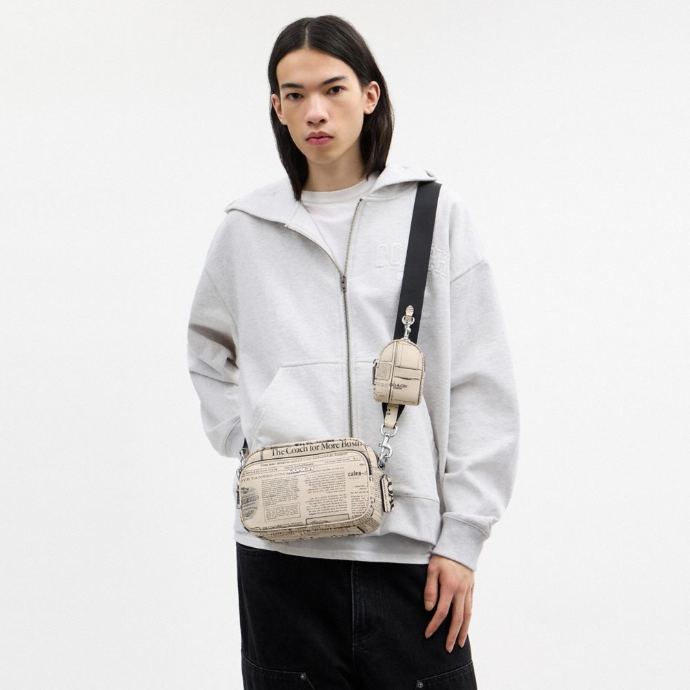 COACH®,Finlay Crossbody Bag With Newspaper Print,Leather,Crossbody,Logo,Metal,Compact,Stain Resistant,Silver Metal,Casual,Cream,Detail View