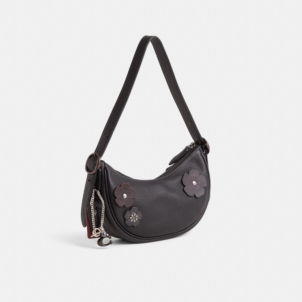 COACH®,Upcrafted Luna Shoulder Bag,Leather,Hobo,Logo,Metal,Studded,Applique,Day Party,Black,Angle View