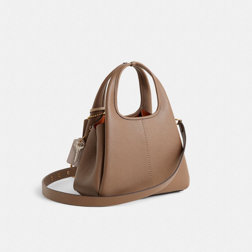 COACH®,Upcrafted Lana Shoulder Bag 23,Leather,Crossbody,Grommet,Logo,Tassel,Studded,Embellished,Gold Metal,Day Party,Brown,Angle View