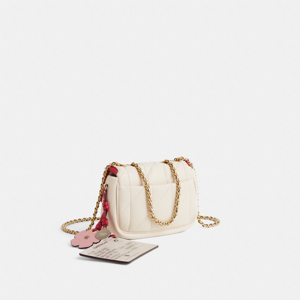 COACH®,Upcrafted Pillow Madison Shoulder Bag 18,Saddle Bag,Chain Detail,Logo,Piping,Sustainable,Compact,Brass,Day Party,Cream,Angle View