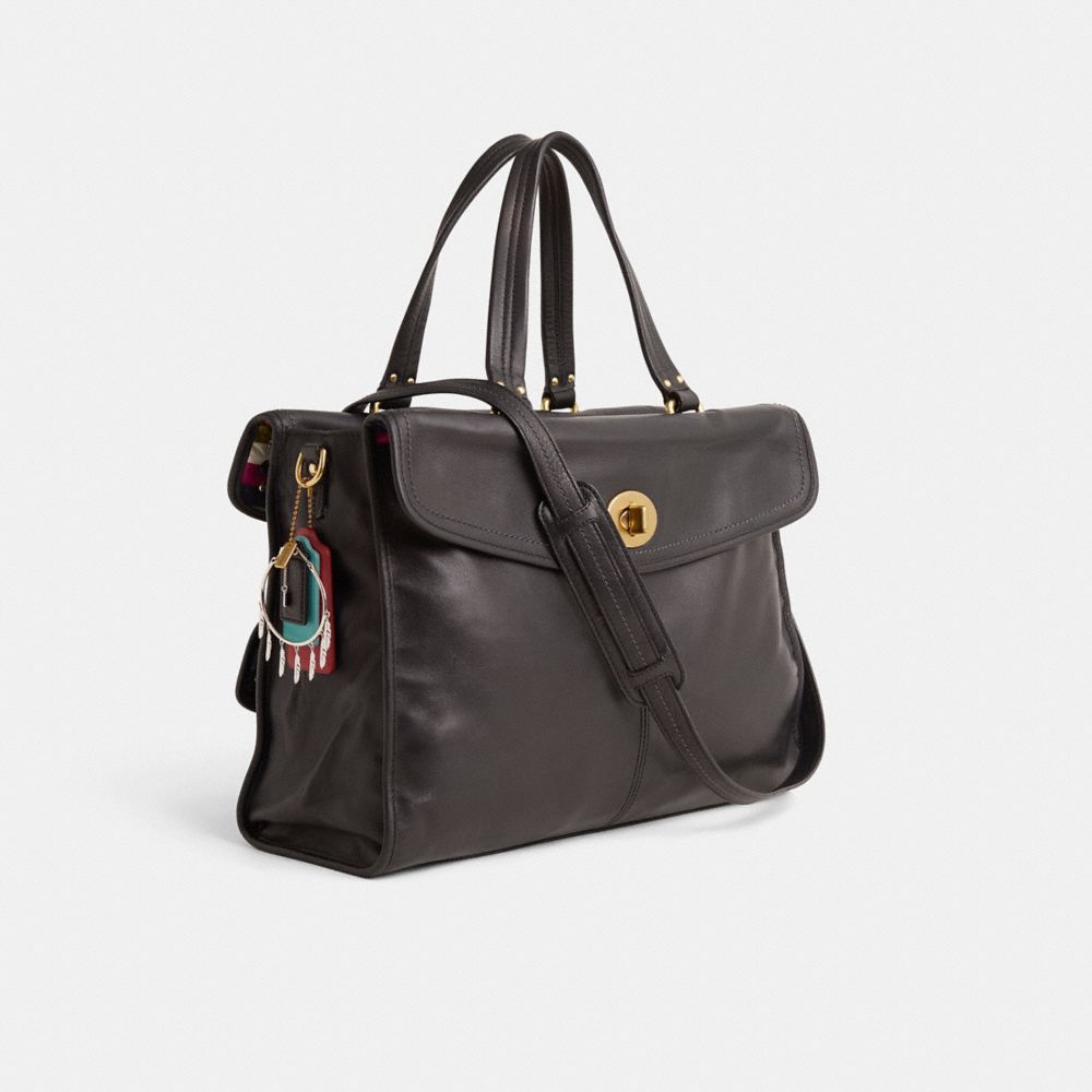 COACH®,Upcrafted Hamptons Business Bag,Leather,Satchel,Logo,Studded,Gold Metal,Day Party,Black,Angle View