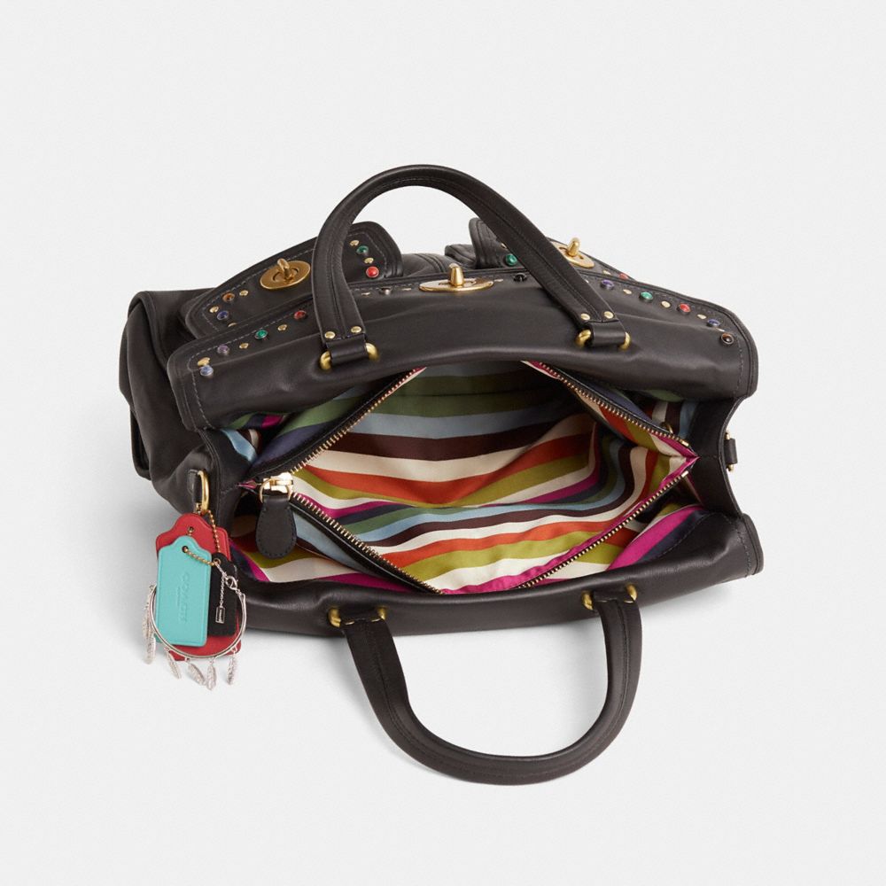 COACH®,Upcrafted Hamptons Business Bag,Leather,Satchel,Logo,Studded,Gold Metal,Day Party,Black,Inside View,Top View