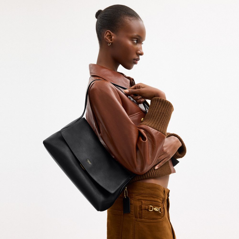 COACH®,Chelsea Shoulder Bag 30,Leather,Suede,Shoulder Bag,Pendant,3D Embellishment,Metal,Lined,Brass,Casual,Black,Detail View