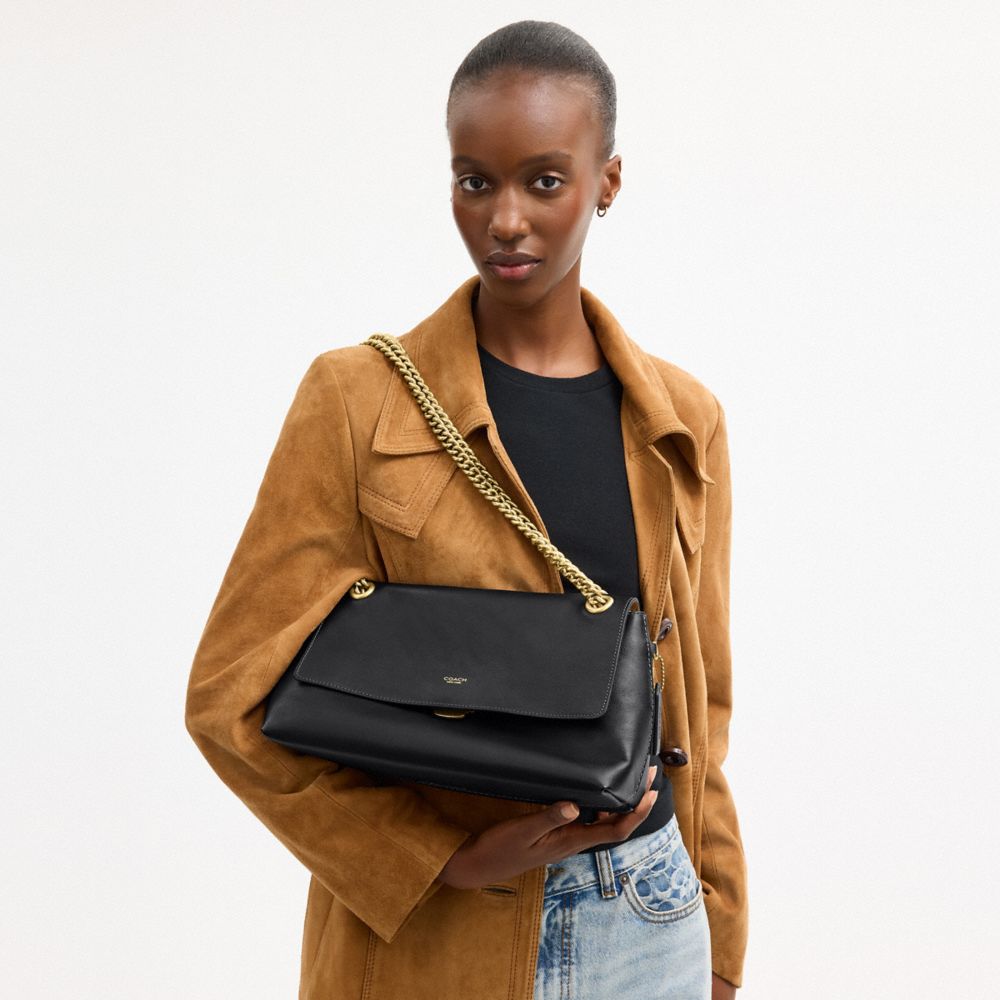 COACH®,Chelsea Shoulder Bag 30 With Chain,Leather,Suede,Shoulder Bag,Lined,Brass,Day Party,Black,Detail View