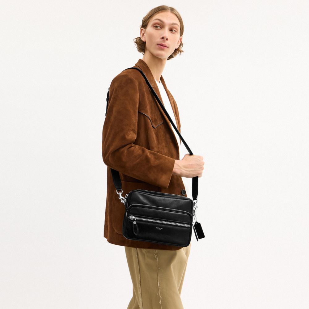 COACH®,Dakota Crossbody Bag,Leather,Crossbody,Logo,Metal,Silver Metal,Casual,Black,Detail View