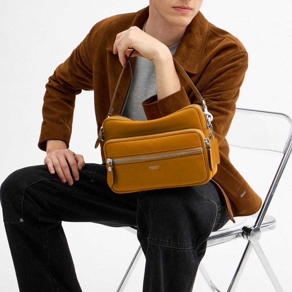 COACH®,Dakota Crossbody Bag,Leather,Crossbody,Logo,Metal,Silver Metal,Casual,Mustard,Detail View