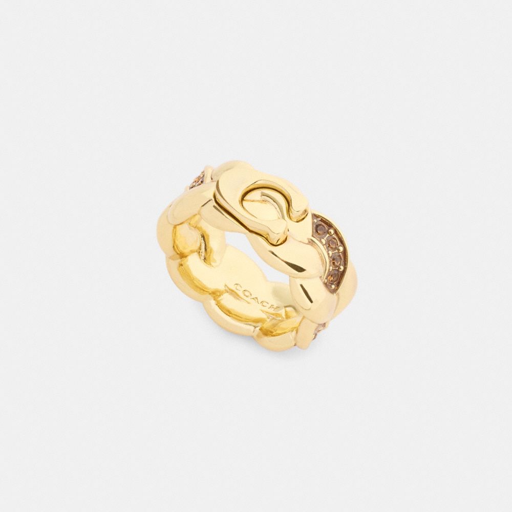 COACH®,Braided Signature Ring,Single Band,Glass,Cubic Zirconia,Enamel,Crystal,Gem Embellishment,Logo,Lettering Word,Initia...,Gold,Inside View,Top View