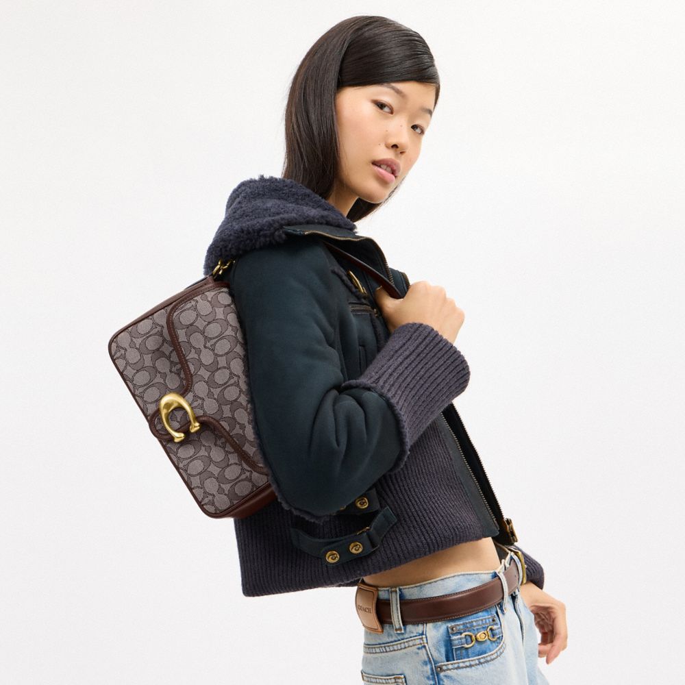 COACH®,Soft Tabby Shoulder Bag In Signature Jacquard,Cotton,Calfskin Leather,Recycled Polyester,Shoulder Bag,Piping,Metal,...,Brown,Detail View