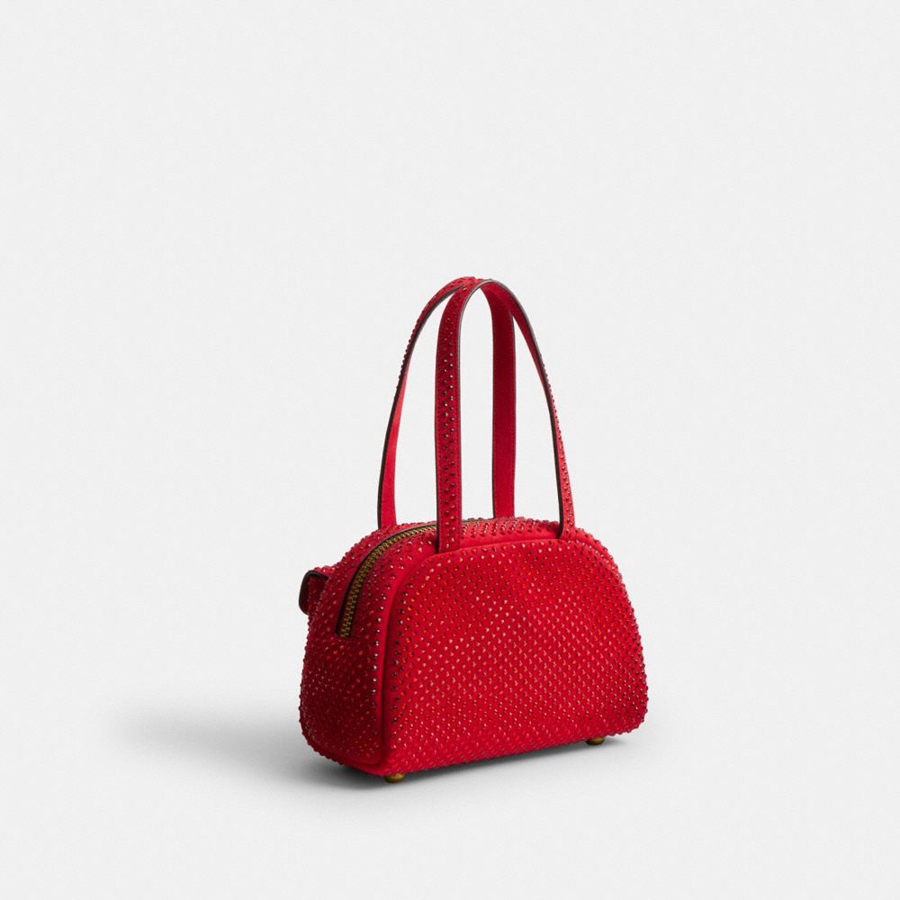 COACH®,Twin Turnlock Bag 20 With Crystal,Suede,Bowler Bag,Crystal,Gem Embellishment,Embellished,Brass,Party,Red,Angle View