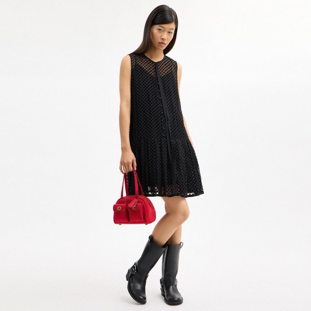 COACH®,Twin Turnlock Bag 20 With Crystal,Suede,Bowler Bag,Crystal,Gem Embellishment,Embellished,Brass,Party,Red,Detail View