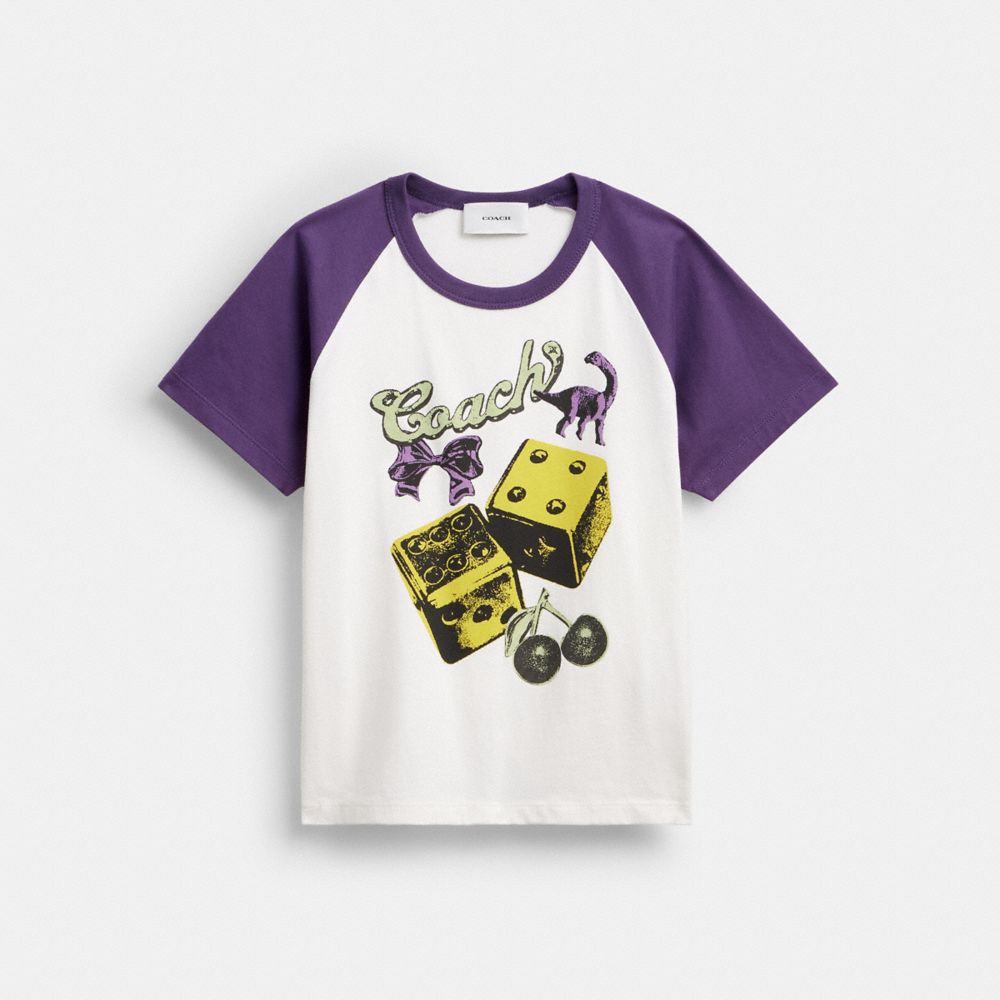 COACH®,Charms Raglan T-Shirt In Organic Cotton,Organic Cotton,T Shirt,Logo,Piping,Color Block,Casual,White,Front View