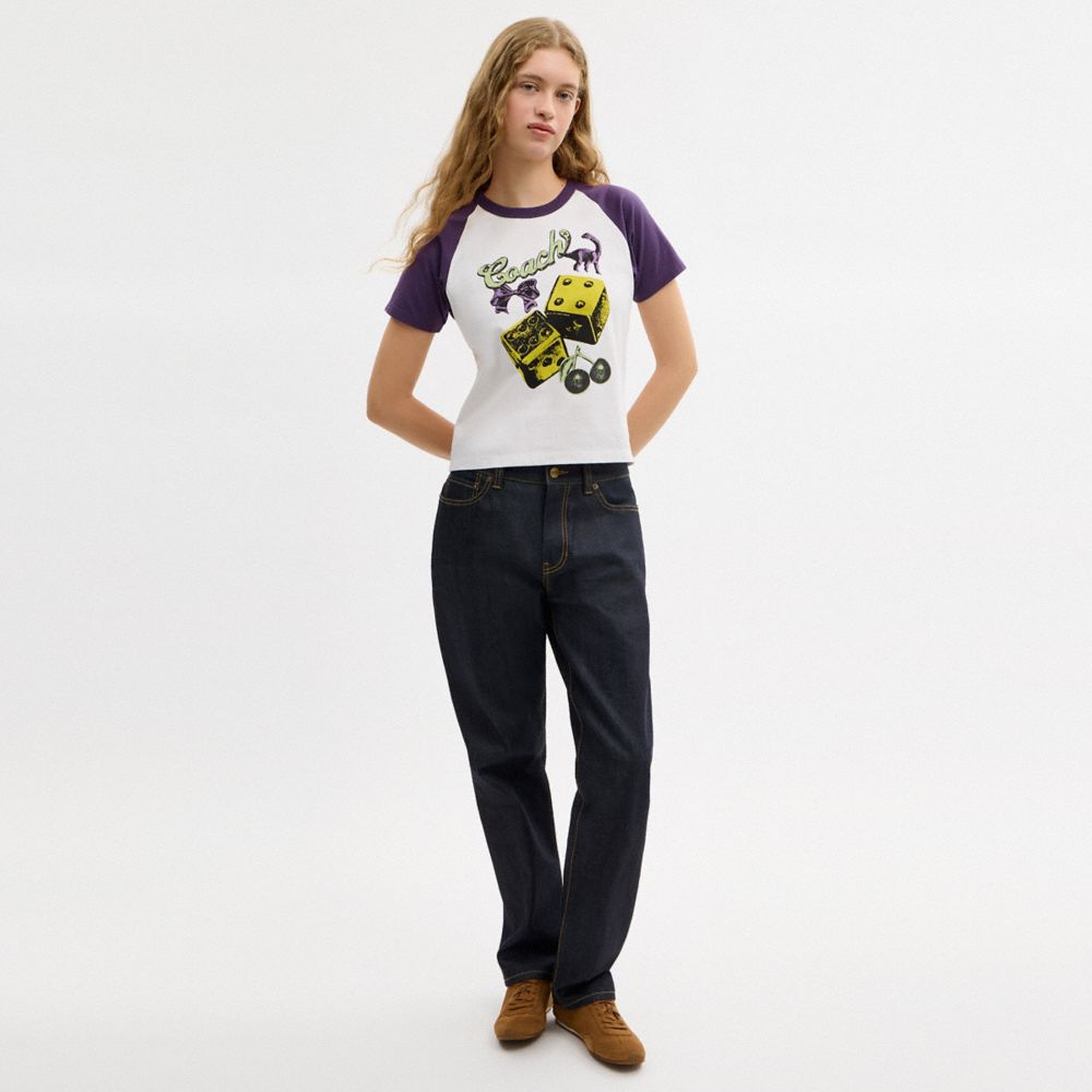 COACH®,Charms Raglan T-Shirt In Organic Cotton,Organic Cotton,T Shirt,Logo,Piping,Color Block,Casual,White,Scale View