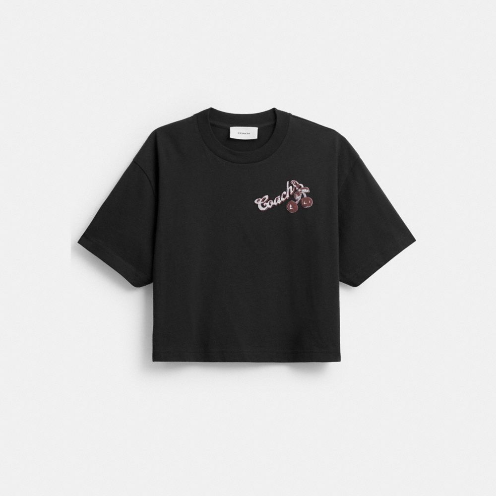 COACH®,Charms Cropped T-Shirt In Organic Cotton,Organic Cotton,T Shirt,Logo,Graphic,Casual,Black,Front View
