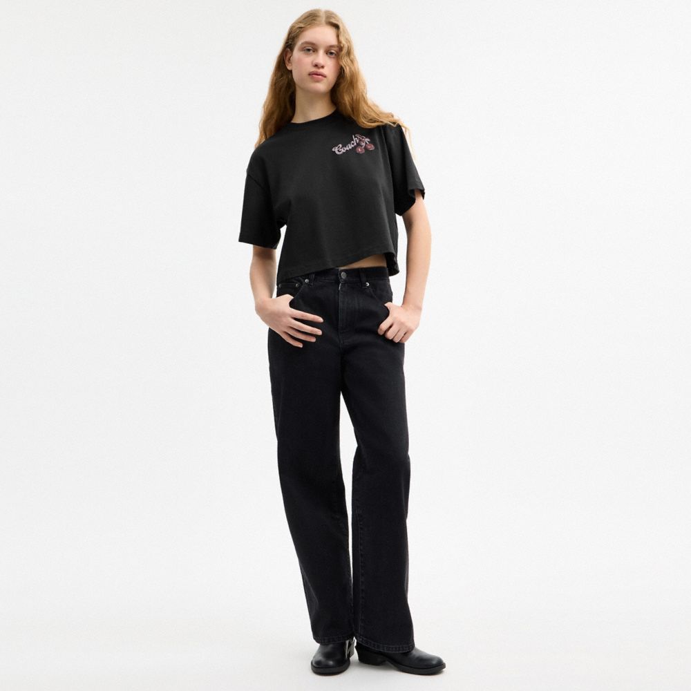 COACH®,Charms Cropped T-Shirt In Organic Cotton,Organic Cotton,T Shirt,Logo,Graphic,Casual,Black,Scale View