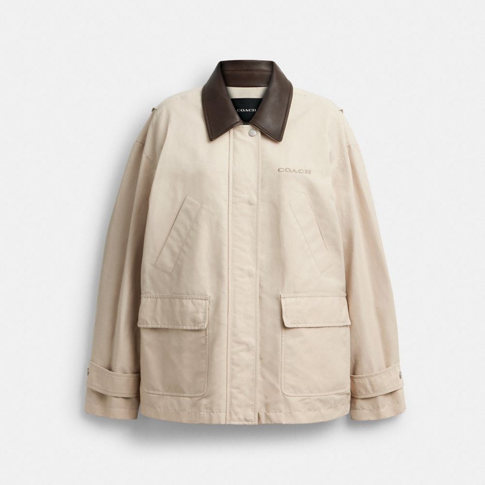 COACH®,Waxed Country Jacket,Viscose,Cotton,Leather,Polyamide,Jacket,Color Block,Casual,Cream,Front View
