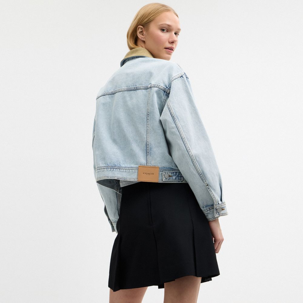 COACH®,Denim Jacket With Corduroy Collar In Organic Cotton,Denim,Cotton,Corduroy,Leather,Organic Cotton,Denim,Color Block,...,Blue,Scale View