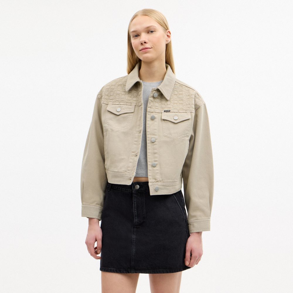 COACH®,Garment Dyed Denim Jacket,Cotton,Trucker,Denim,Embroidered,Logo,Casual,Beige,Scale View