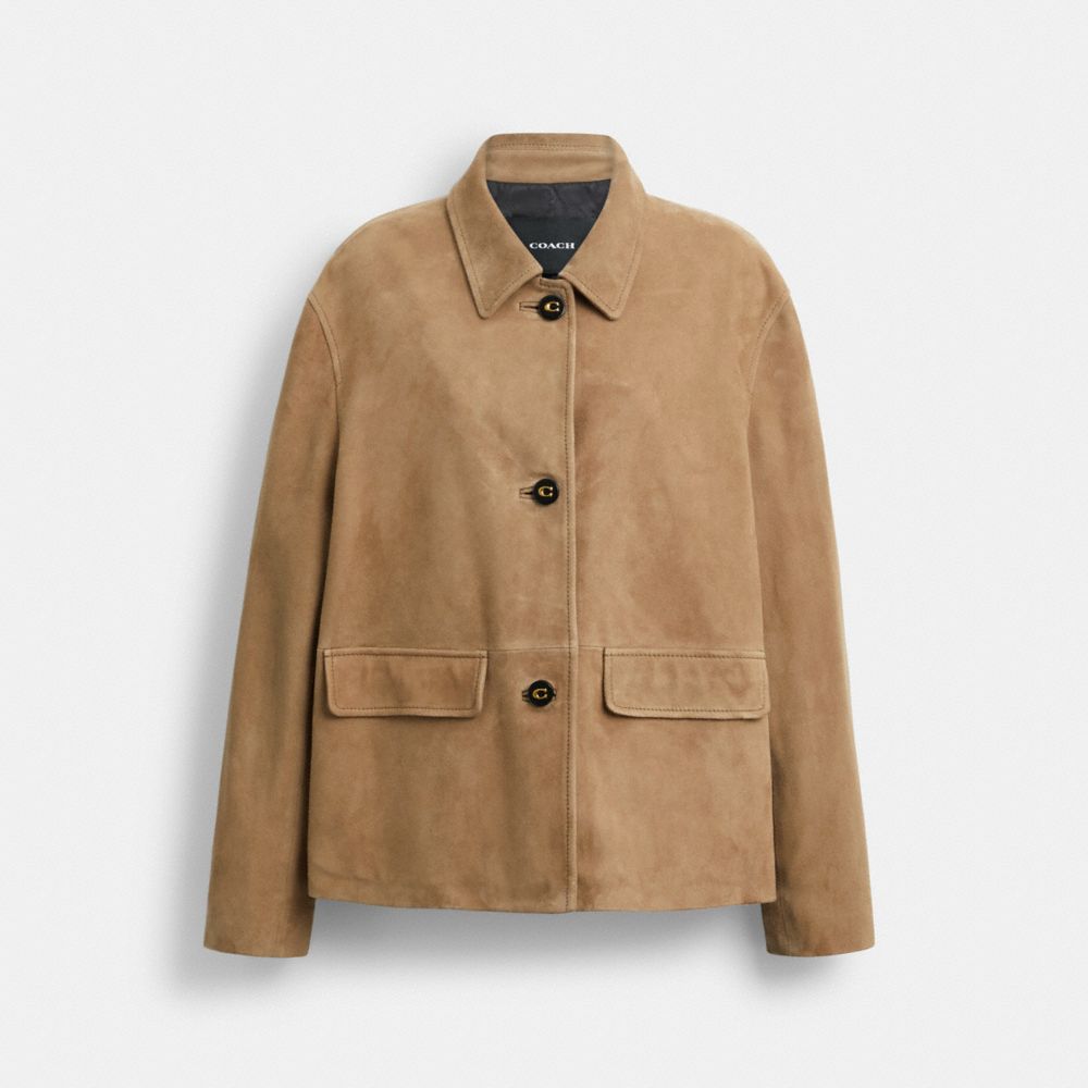 COACH®,Suede Coat,Polyester,Viscose,Suede,Jacket,Button,Casual,Brown,Front View