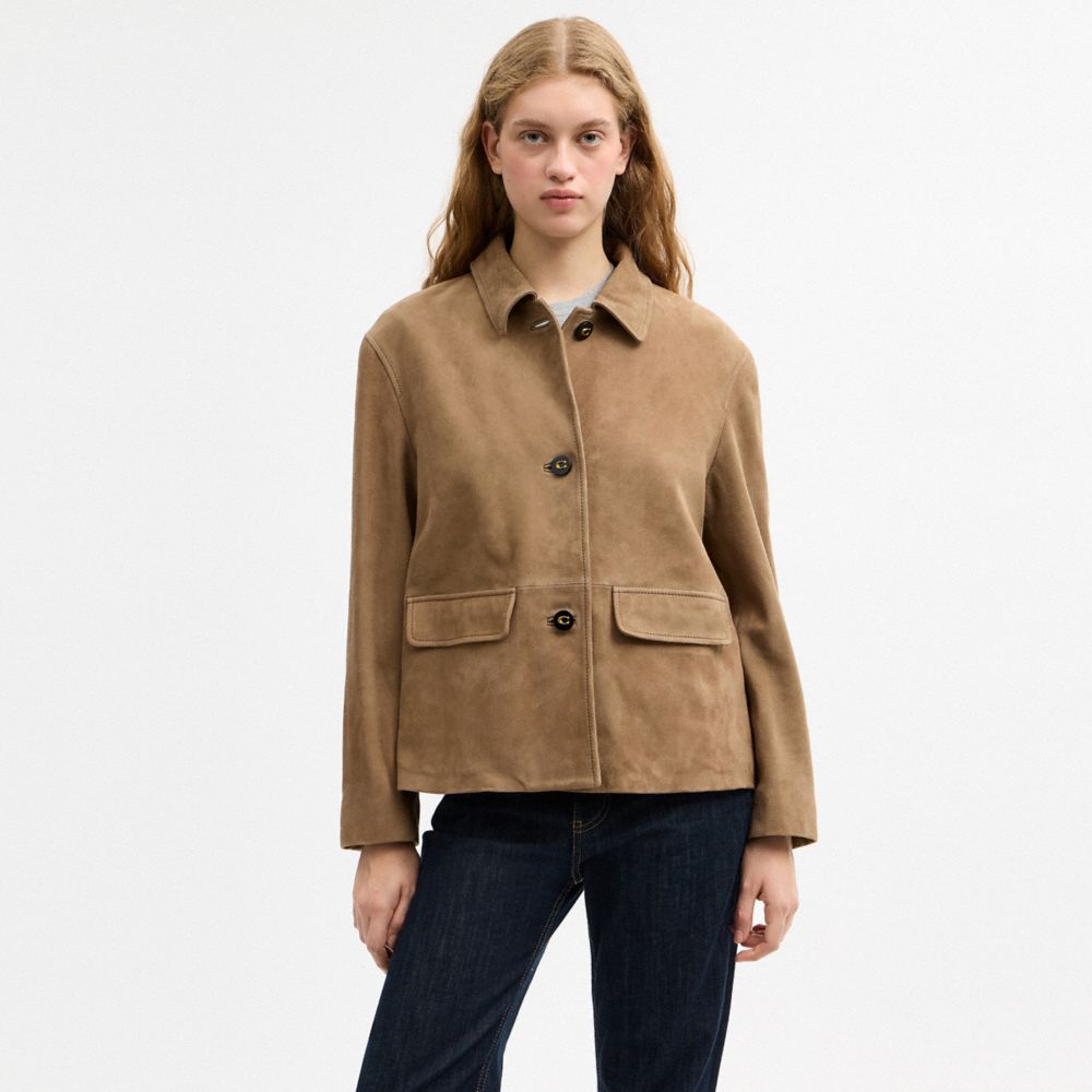 COACH®,Suede Coat,Polyester,Viscose,Suede,Jacket,Button,Casual,Brown,Scale View