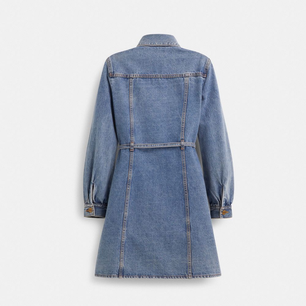 COACH®,Restored Denim Dress,Denim,Cotton,A-Line,Shirt Dress,Eco-Friendly,Sustainable,Casual,Blue,Back View
