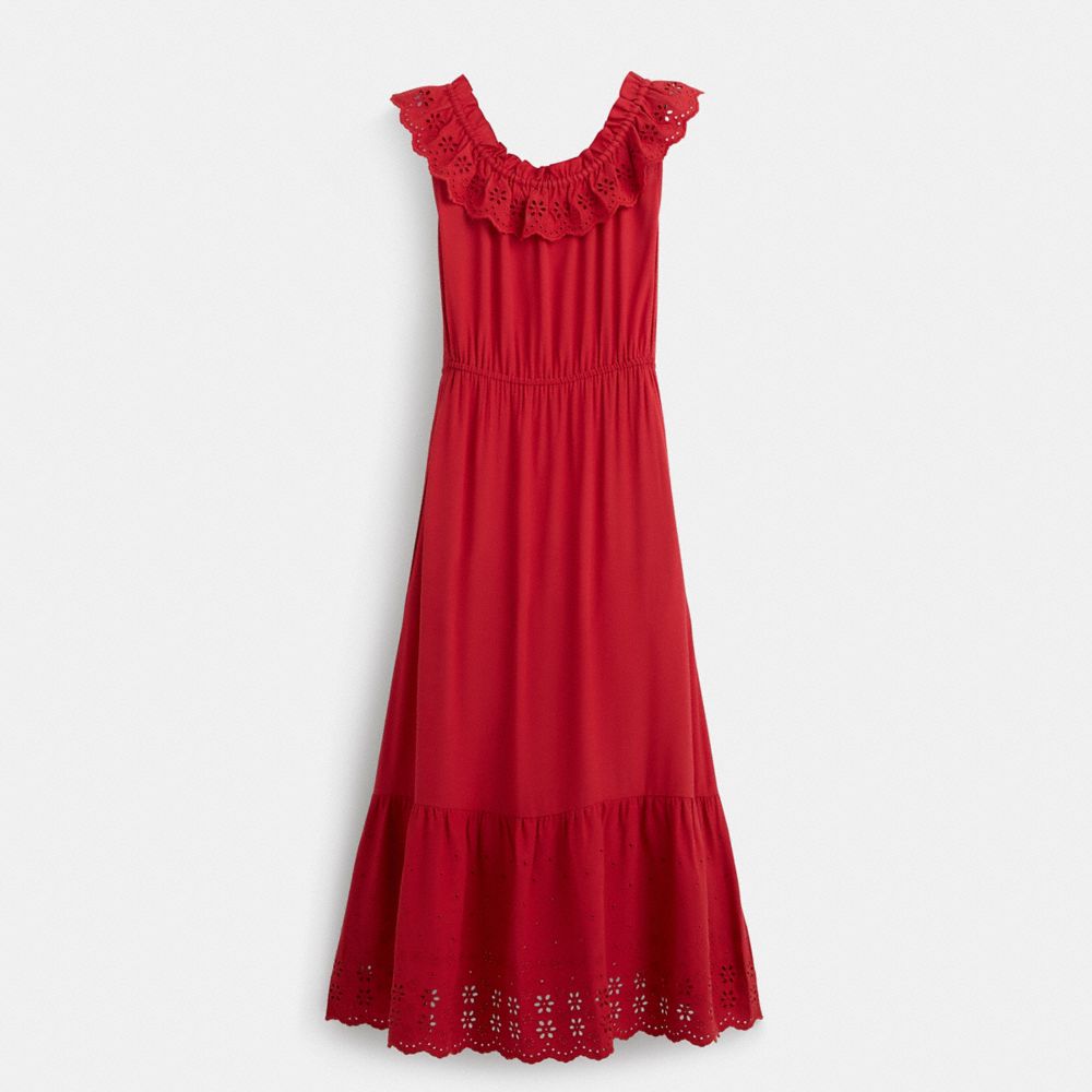 COACH®,Restored Sleeveless Ruffle Dress,Red,Back View