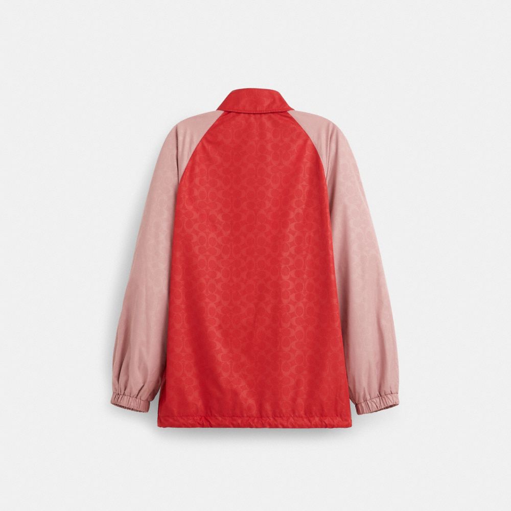 COACH®,Restored Signature Oversized Jacket,Polyester,Leather,Jacket,Color Block,Logo,Eco-Friendly,Lined,Sustainable,Ripsto...,Red,Back View