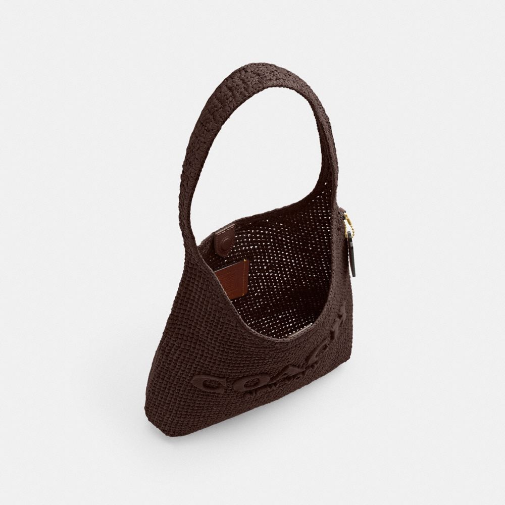 COACH®,Brooklyn Shoulder Bag 28,Calfskin Leather,Hobo,Straw,Applique,Pendant,Logo,Brass,Casual,Brown,Inside View,Top View