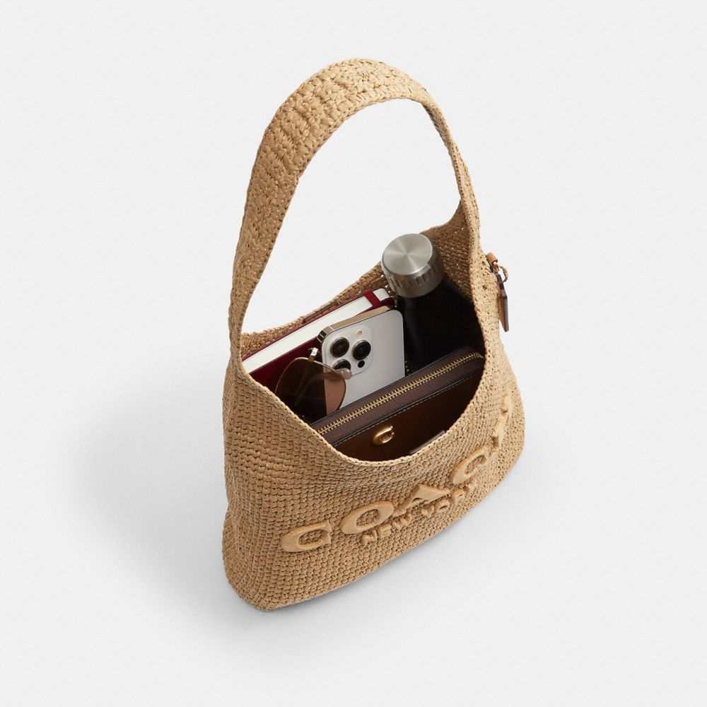 COACH®,Brooklyn Shoulder Bag 28,Calfskin Leather,Hobo,Straw,Applique,Pendant,Logo,Brass,Casual,Beige,Inside View,Top View