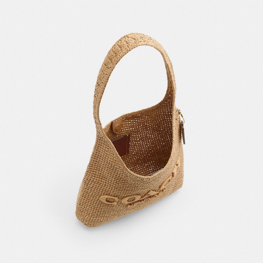 COACH®,Brooklyn Shoulder Bag 28,Calfskin Leather,Hobo,Straw,Applique,Pendant,Logo,Brass,Casual,Beige,Inside View,Top View