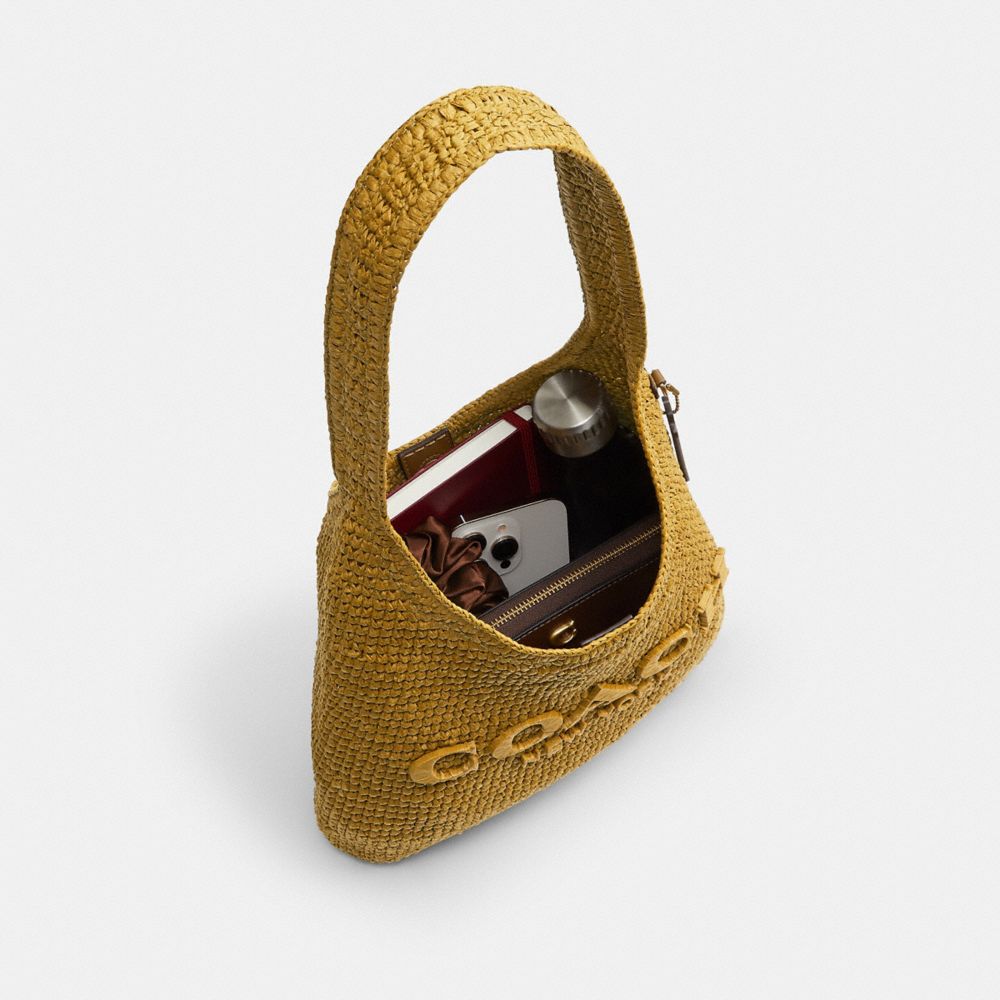 COACH®,Brooklyn Shoulder Bag 28,Calfskin Leather,Hobo,Straw,Applique,Pendant,Logo,Brass,Casual,Beige,Inside View,Top View