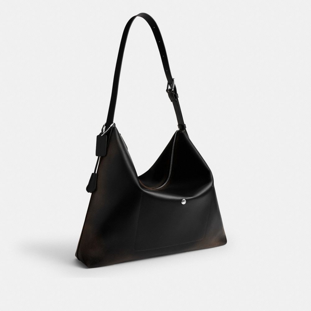 COACH®,Mott Messenger Bag In Loved Leather,Crossbody,Pendant,Adjustable,Silver Metal,Casual,Black,Angle View