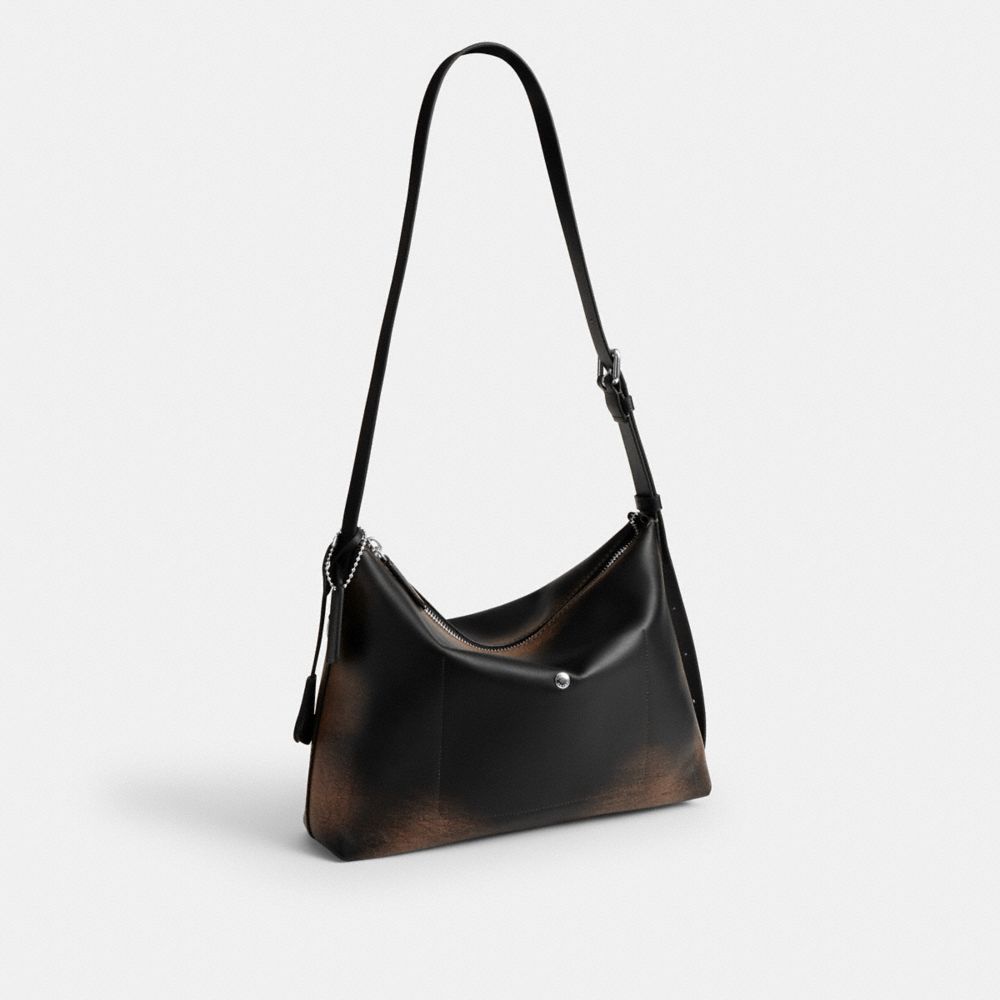 COACH®,Mott Messenger Bag 33 In Loved Leather,Leather,Crossbody,Metal Material,Pendant,Adjustable,Silver Metal,Casual,Black,Angle View