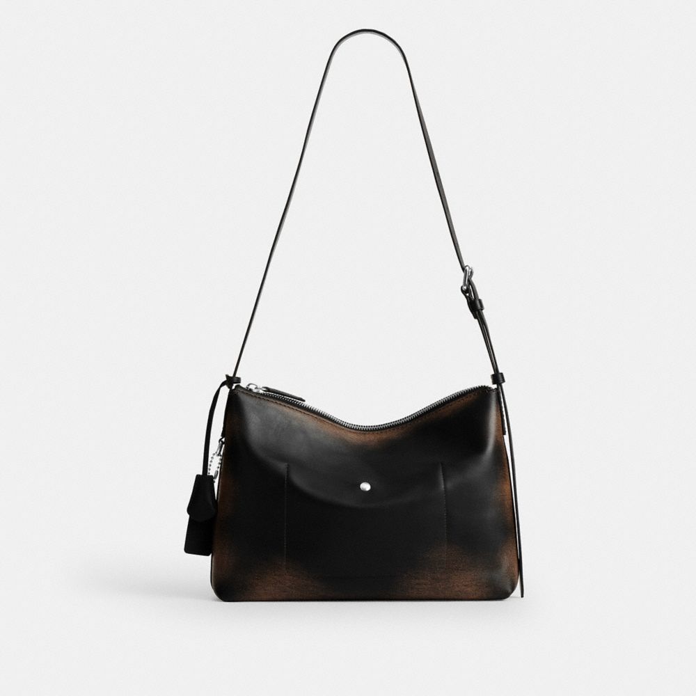 COACH®,Mott Messenger Bag 33 In Loved Leather,Leather,Crossbody,Metal Material,Pendant,Adjustable,Silver Metal,Casual,Black,Back View