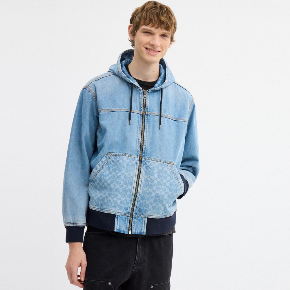 COACH®,Signature Denim Zip Jacket,Cotton,Polyester,Bomber,Denim,Drawstring,Logo,Piping,Casual,Blue,Scale View