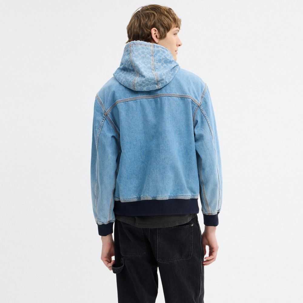 COACH®,Signature Denim Zip Jacket,Cotton,Polyester,Bomber,Denim,Drawstring,Logo,Piping,Casual,Blue,Scale View