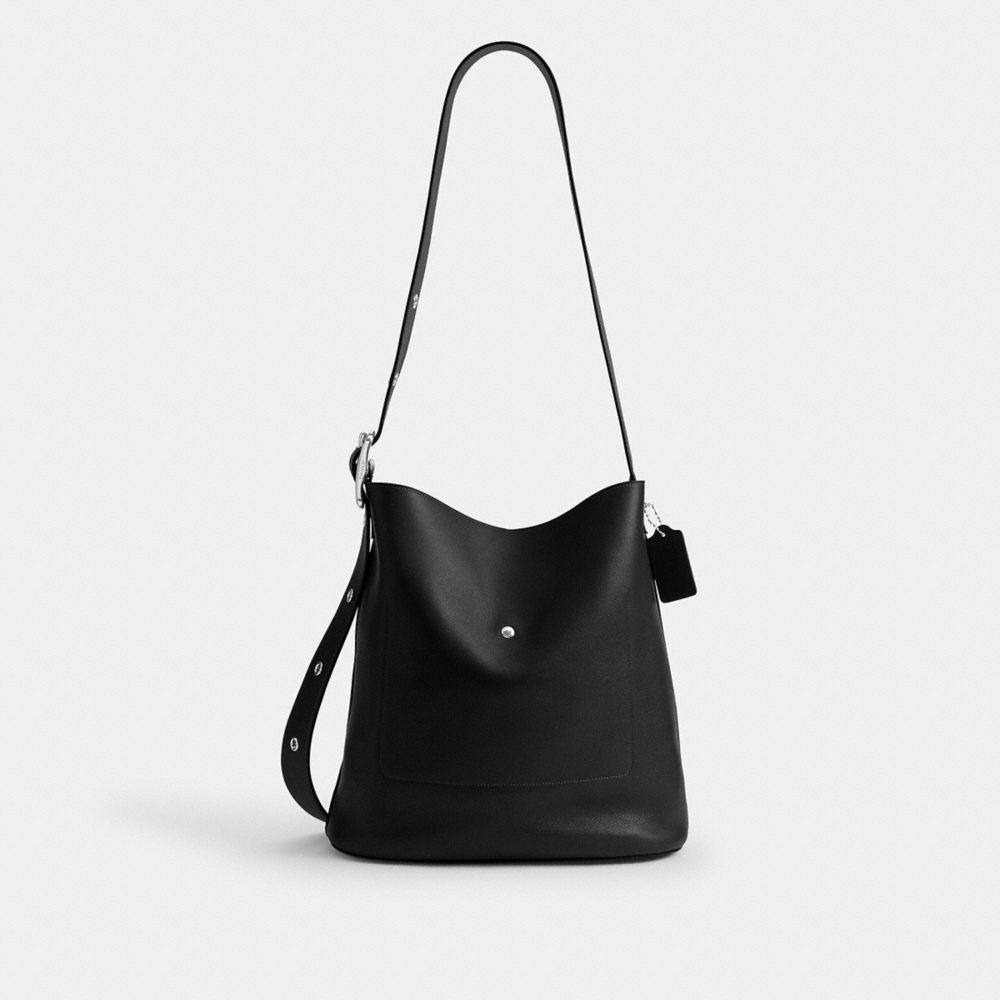 COACH®,Bleecker Bucket Bag 36,Leather,Bucket,Pendant,Adjustable,Silver Metal,Casual,Black,Back View