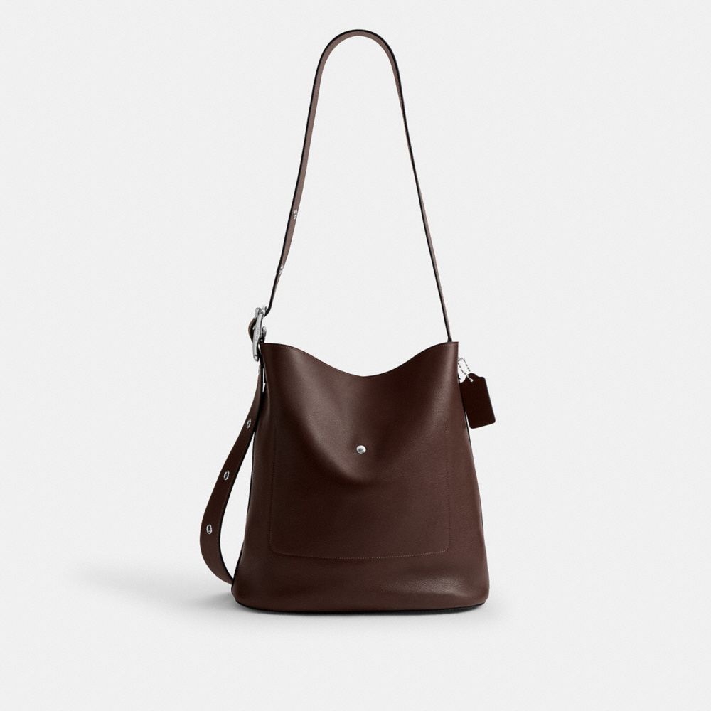 COACH®,Bleecker Bucket Bag 36,Leather,Bucket,Pendant,Adjustable,Silver Metal,Casual,Brown,Back View