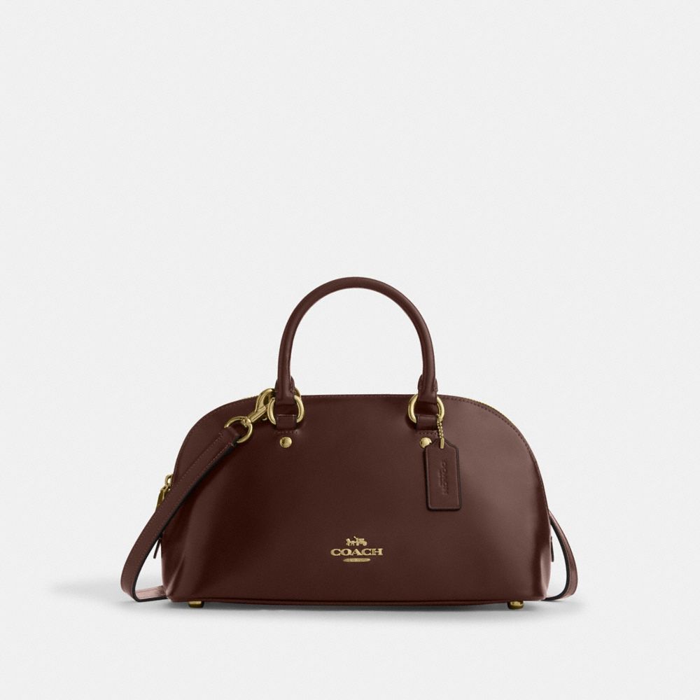 COACH®,Lara Satchel Bag,Recycled Polyester,Lining Recycled Polyester,Satchel,Metal,Logo,Casual,Brown,Front View